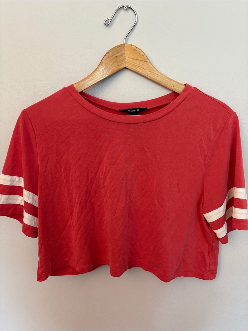 Forever 21 Red Crop Tee with White Sleeve Stripes